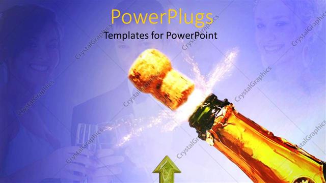  Presentation with profit - Champagne bottle popping after huge profit made. smiling woman with wine glass