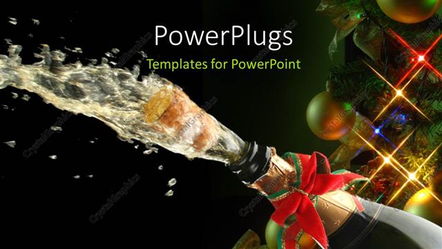  Presentation with cork - Champagne splash, bottle and cork with Christmas decoration with christmas balls and lights