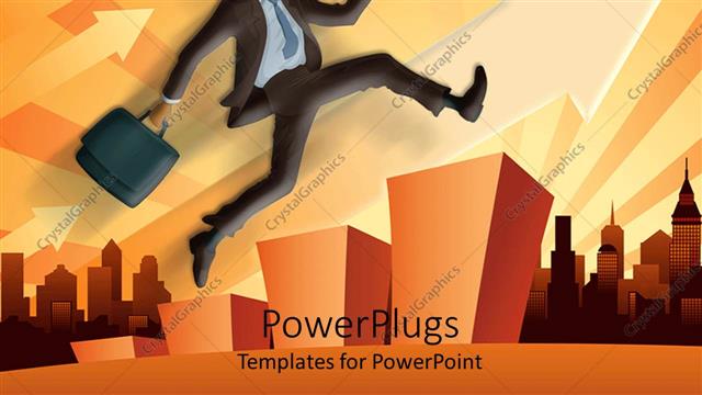  Presentation with bar - A character of a business man jumping over a bar chart