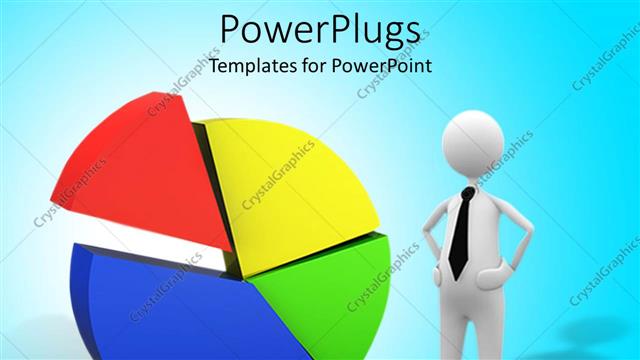  Presentation with pie chart - A character standing beside a pie chart on a blue background