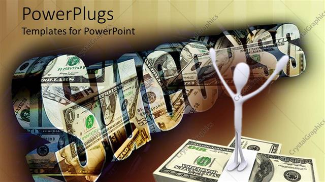  Presentation with bills - A character  standing on dollar bills with a text that spells out the word 