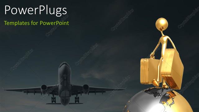  Presentation with travel globe - A character standing on an earth globe with his luggage and an airplane