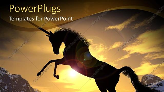  Presentation with unicorn - Charging black unicorn on white sand and sunset background