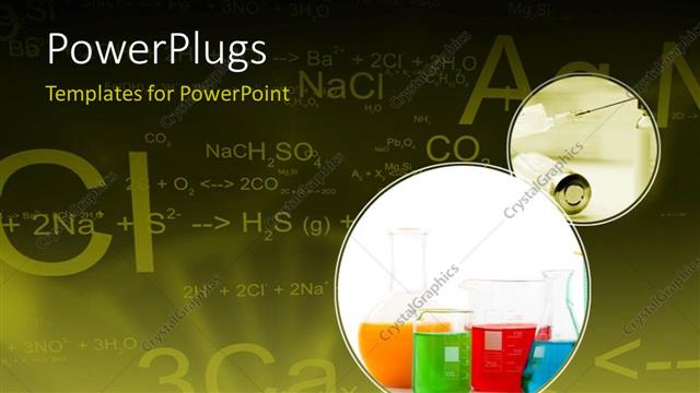  Presentation with flasks - Chemical equations and formulas on chalkboard with colored solutions in flasks and beakers