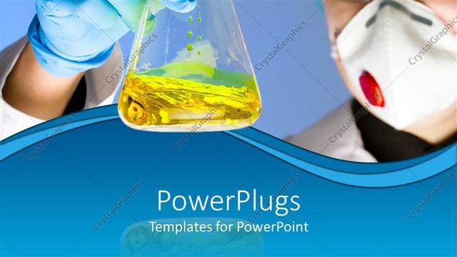  Presentation with lab test - Chemist with protection mask and blue glove on hand holding lab test vial with yellow liquid in lab flask tube