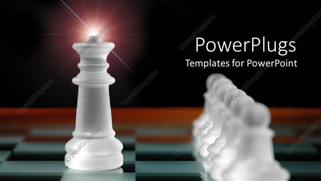  Presentation with king - Chess table with white chess pieces, king piece and pawns depicting leading concept