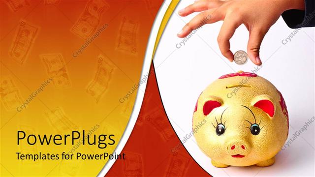  Presentation with piggy bank - Child hand inserting money coin into piggy bank on white background and money bills fading in gradient red to yellow background