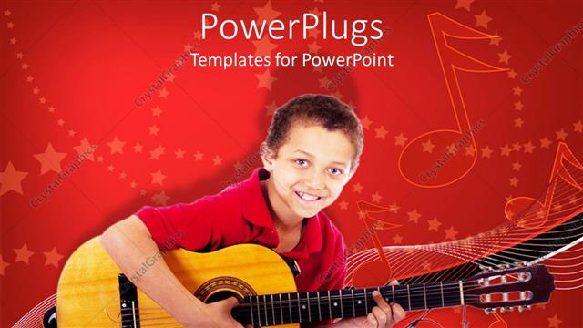  Presentation with play - A child holding the guitar with music symbols in the background