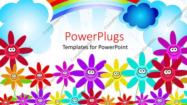  Presentation with childish - Childish representation of colorful flowers and rainbow in the sky
