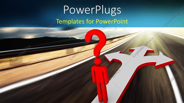  Presentation with choice - 3D man with red question mark symbol hovering over head at crossroad