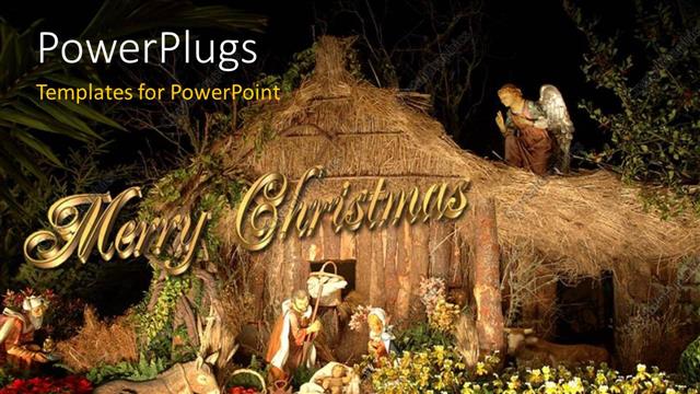  Presentation with nativity - Christmas decorations with beautiful?flowers and angel watching over manger