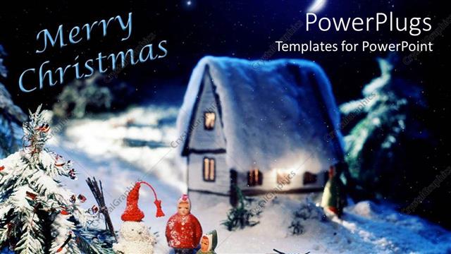  Presentation with snow - Christmas depiction with snow over house and Christmas tree