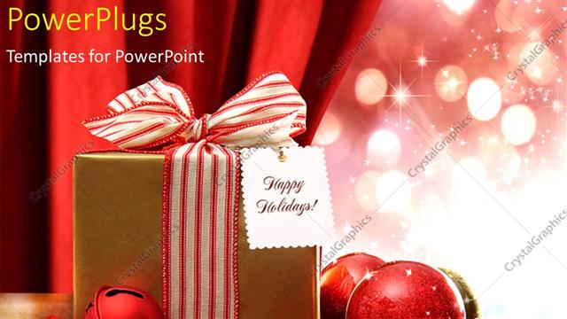  Presentation with holidays - Christmas gift box with red sparkling ornaments and card reading Happy holidays