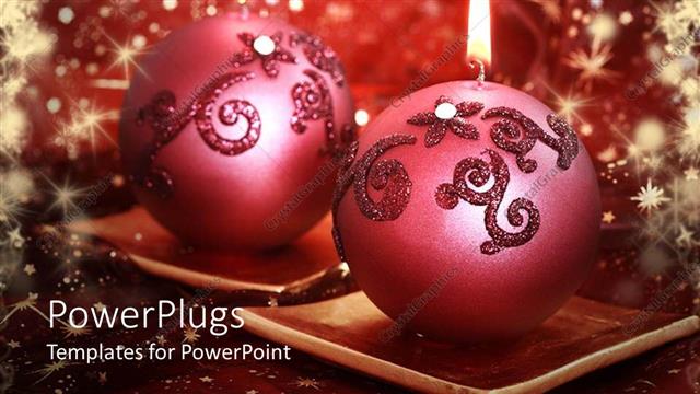  Presentation with red sparkle - Christmas holiday still life with ornament ball candles, sparkle red background