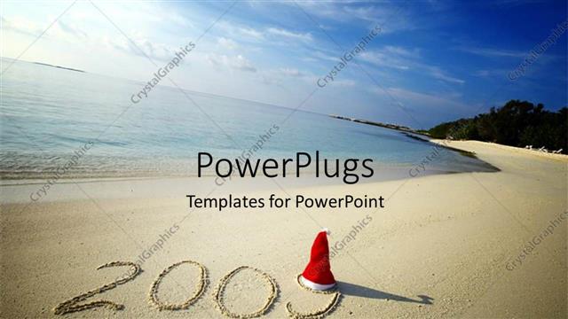  Presentation with sand - Christmas and new year depiction with Santa cap in beach sand