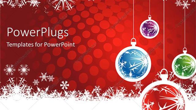  Presentation with snowflakes - Christmas theme with four red, blue, green and purple Christmas globes of various sizes on red background with white snowflakes