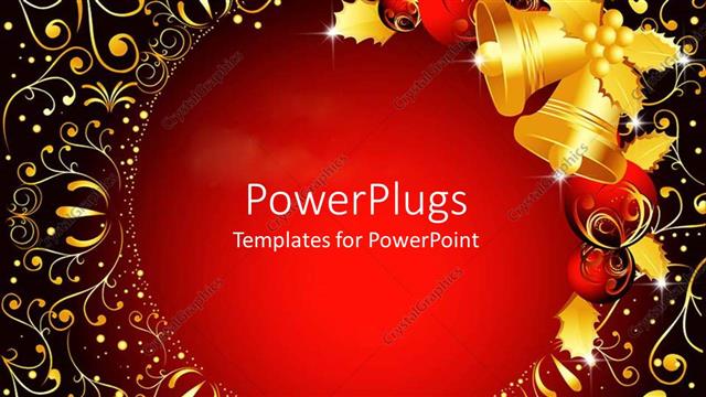  Presentation with golden - Christmas theme with golden bells and red Christmas globes and golden mistletoes, with golden abstract pattern on red background