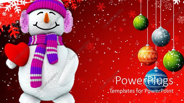  Presentation with snowman - Christmas theme with happy smiling snowman holding red heart and Christmas decorations colorful balls snowflakes on white and red background