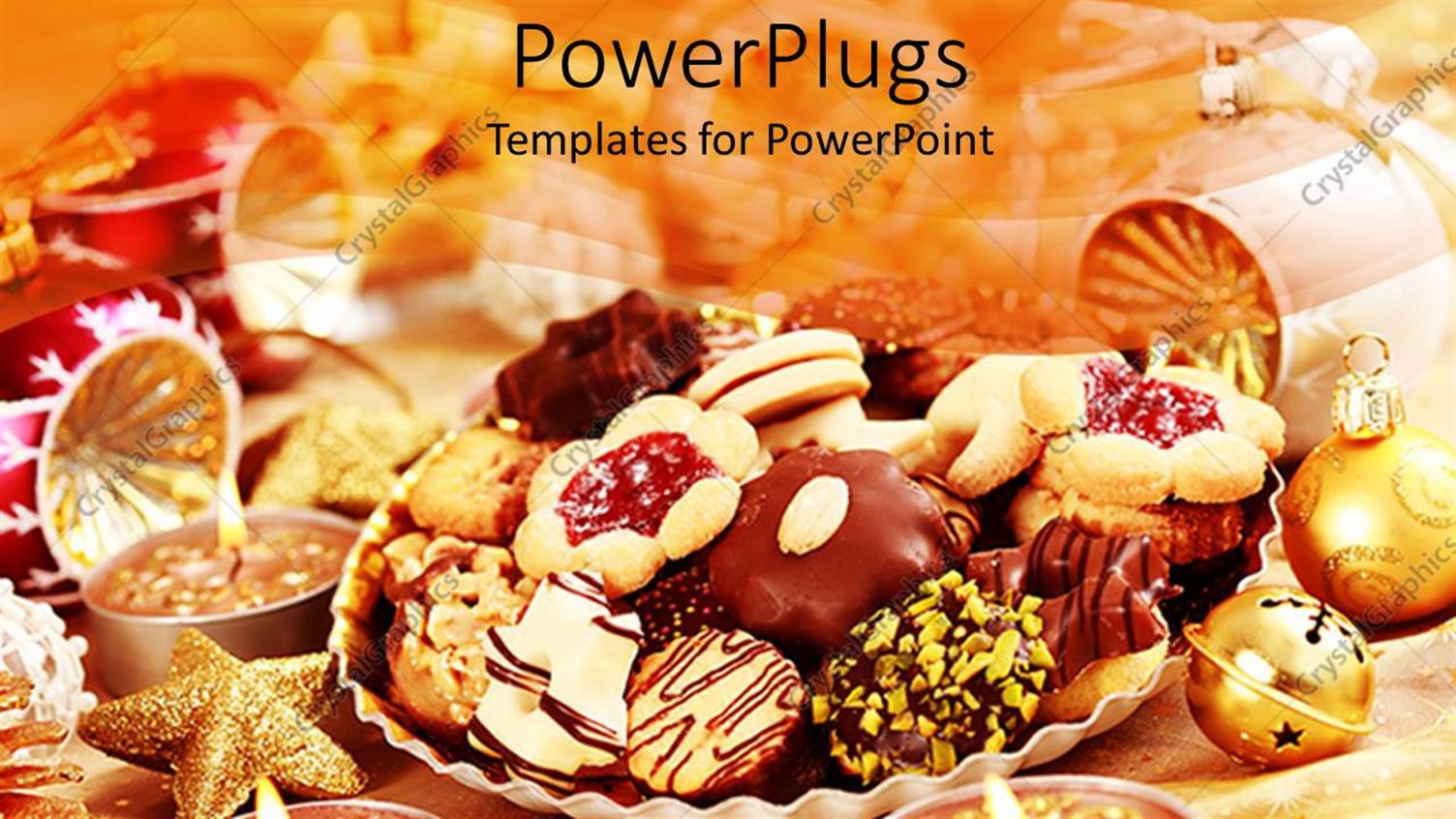 Featuring Christmas Theme with Laid Table Various Cookies and Christmas Balls with Burning Candles in Golden Tone Background