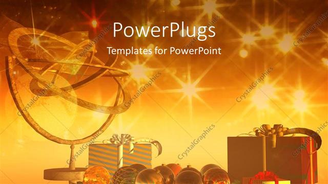  Presentation with christmas presents - Christmas theme with presents, ornaments and gold decoration, twinkling lights in background