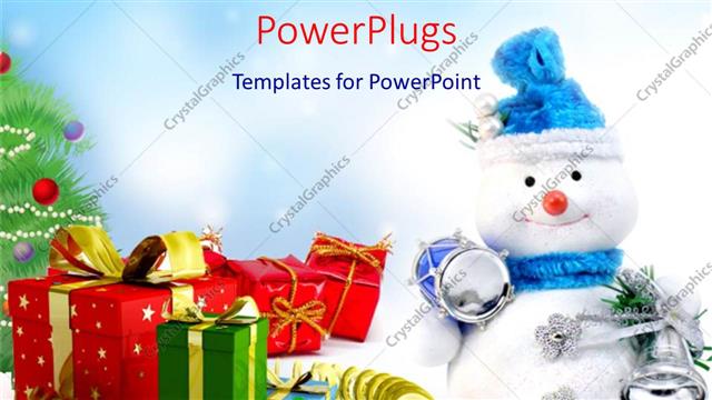  Presentation with boxes - Christmas theme with smiling snowman, drum, bells, gift boxes, Christmas tree
