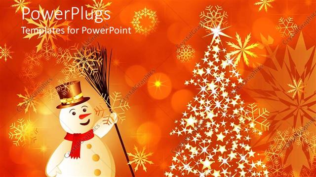  Presentation with shining stars - Christmas theme with smiling snowman and shining Christmas tree made of bright stars and yellow glowing snowflakes on orange background
