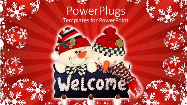  Presentation with snowmen - Christmas theme two snowmen holding welcome sign pillow Christmas tree heart Santa glove, red decorations with white snowflakes