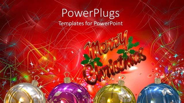  Presentation with merry christmas - Christmas theme with white, purple, yellow and blue transparent Christmas balls and Merry Christmas message on colorful lines and stars on red background