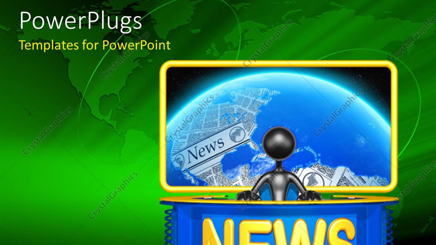 Featuring Chrome 3D Man Behind News Desk with Monitor and World Map Behind 