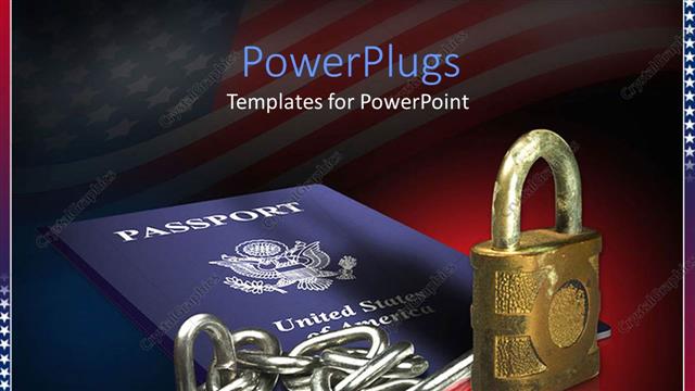  Presentation with states - Chrome chain, padlock, United States passport on blurry American flag