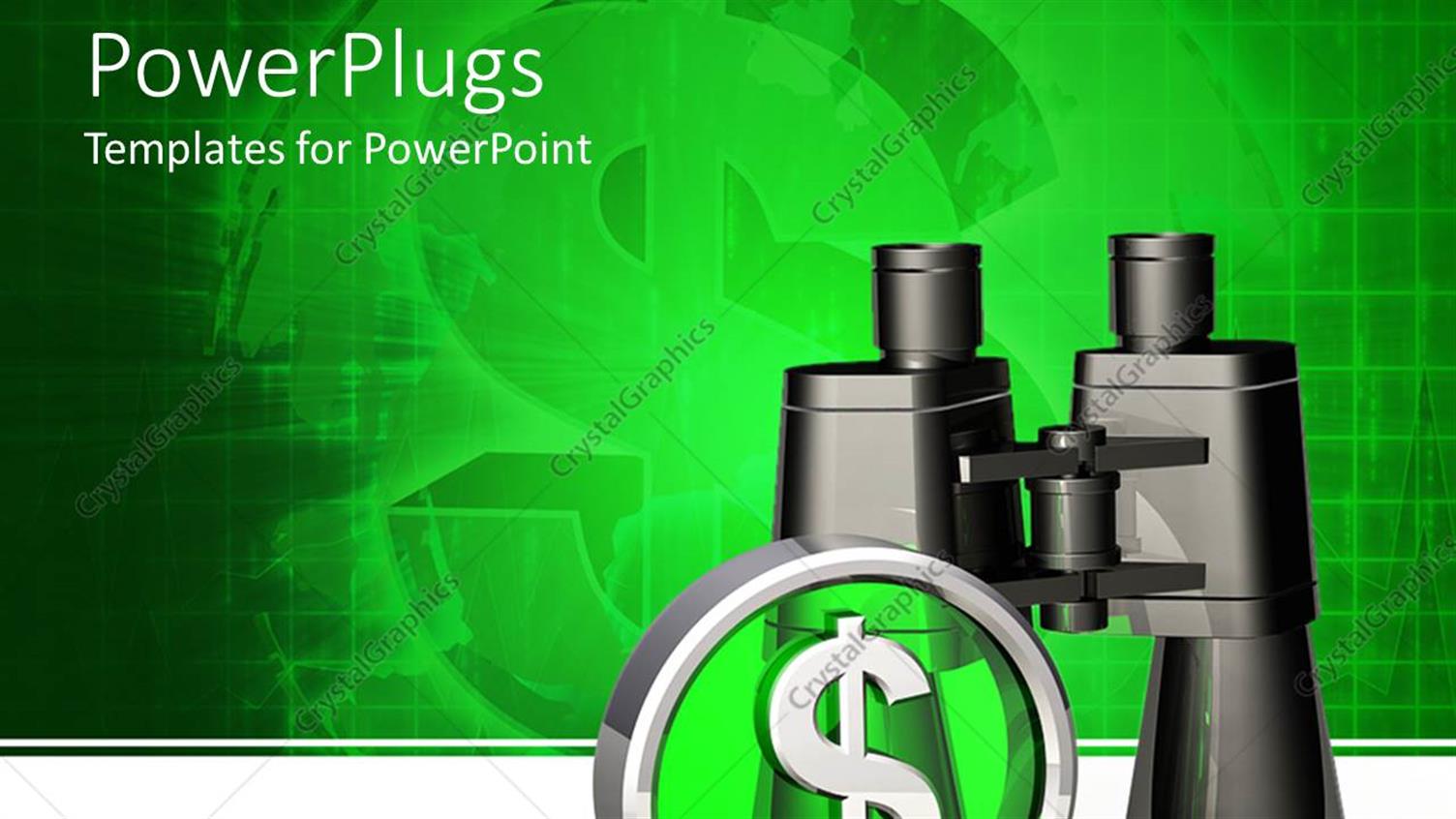 Featuring Chrome Dollar Sign with Black Binoculars on Green and White Background 