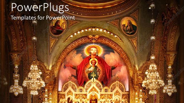  Presentation with jesus - Church interior with altar and dome and icons depicting Saints, Jesus Christ as a child and Virgin Mary