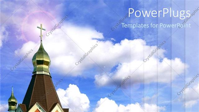  Presentation with church blue - Church steeple with gold cross on blue sky background with clouds