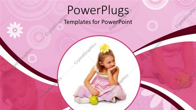  Presentation with apple flower - Circular close up depiction of girl in pink dress and yellow flower in hair with green apple