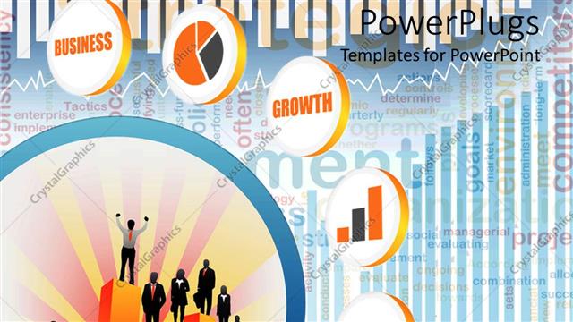  Presentation with business competition - Circular tiles showing people standing on a bar chart with different business text