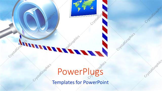  Presentation with stamp - Classic envelope with stamp and magnifying glass showing the @ symbol on sky background