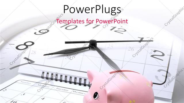  Presentation with piggy bank - A clock with a pink piggy bank and some gold coins