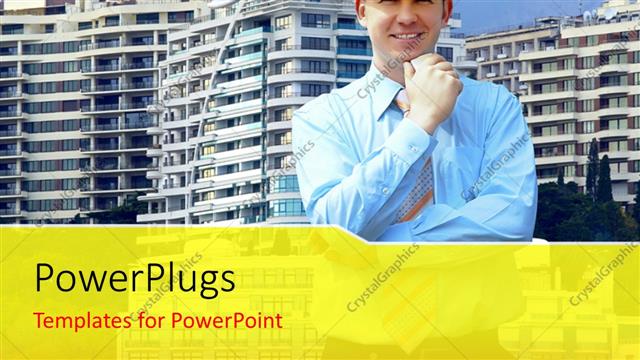  Presentation with architect - Close-up of architect over huge buildings with blue sky?