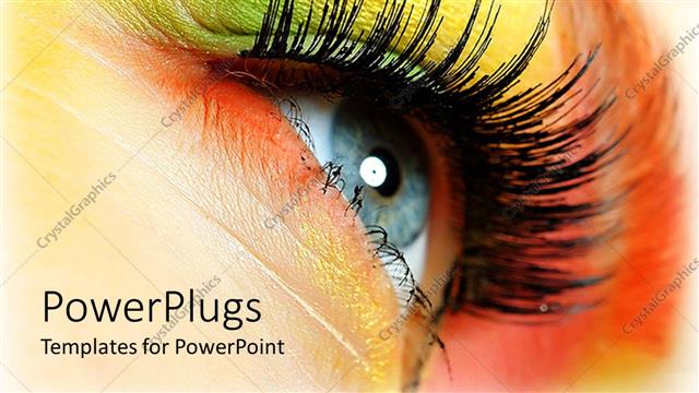  Presentation with makeup - Close-up depiction of woman eye wearing colorful makeup in yellow, green and orange tones
