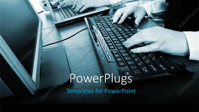  Presentation with monitor computer - Close-up of hand operating computer keyboard with monitor on desk