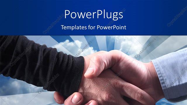  Presentation with blue handshake - Close-up of handshake over blue cloudy sky overhead?