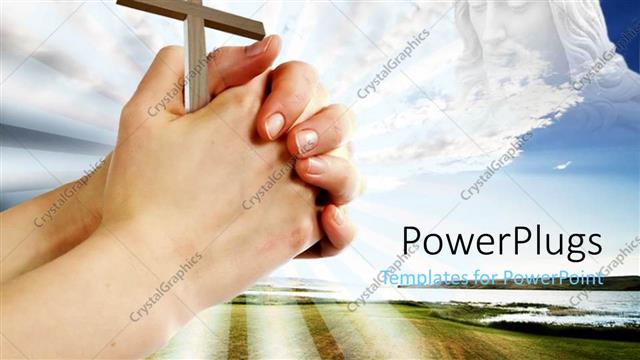  Presentation with prayer hands - Close of of hands holding wooden cross in religious themed background