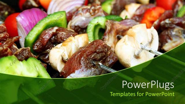  Presentation with food grill - Close up of barbecue sticks with meat and vegetables, green pepper slices, onion slices, meat slices, small red tomatoes on BBQ grill