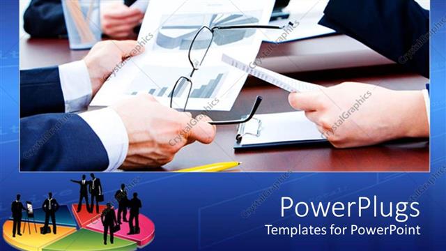  Presentation with paperwork - Close up of business meeting with hands of company workers discussing around the desk, eyeglasses, pie chart on paper, pencils, laptop