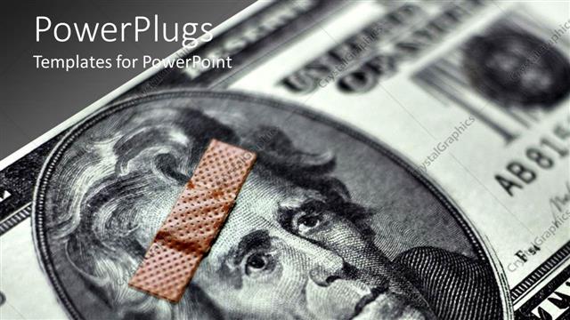  Presentation with heal - Close up of currency bill with bandage on forehead on gray background