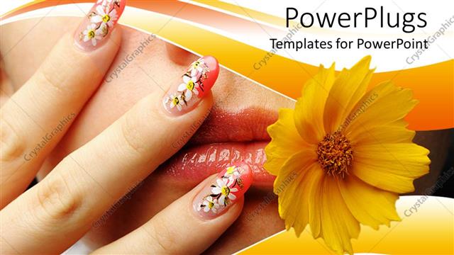  Presentation with nail art - Close up of female mouth and hand with nails, chamomile design on nails and yellow flower near woman's mouth