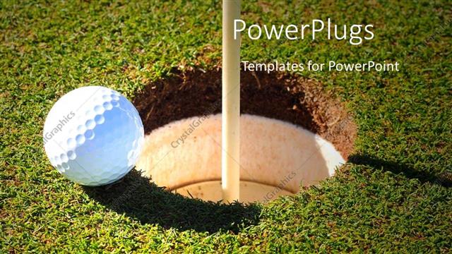  Presentation with golf - Close up of golf ball on green grass at the rim of cup