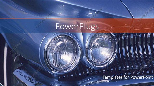  Presentation with auto - Close up of the Headlights of blue classic car