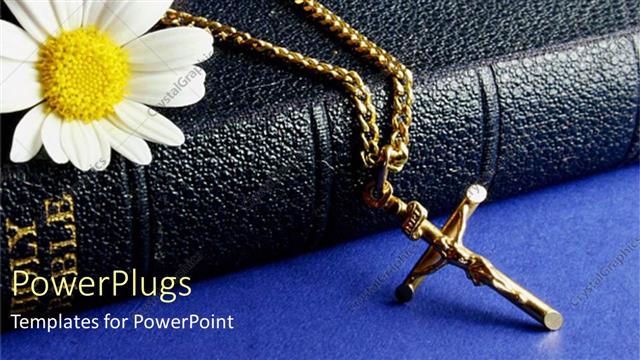  Presentation with holy bible - Close up of Holy Bible cover with white flower and hand holding necklace with holy cross Jesus Christ on cross