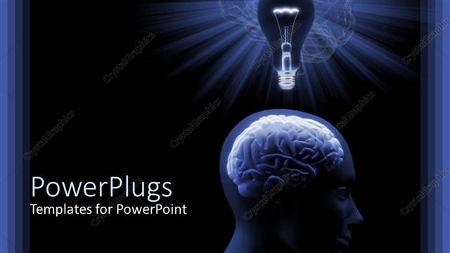  Presentation with bulb brain - Close up of human head with brain and traditional light bulb on top of head on black background